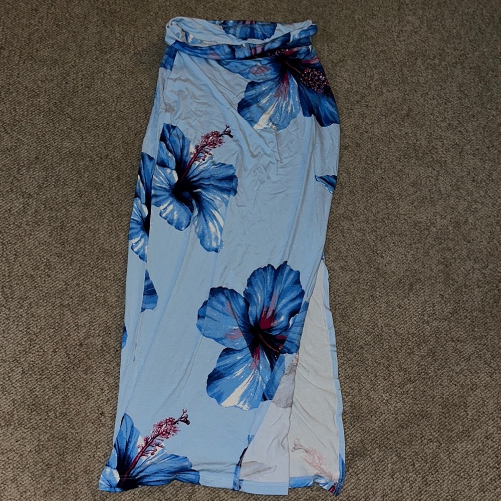 Floral Maxi Skirt with Blue Hibiscus Print